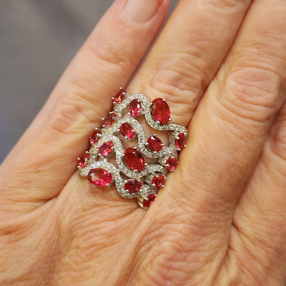 Sterling silver Long  ring with pink and white stones size 6.5 Fine Jewelry